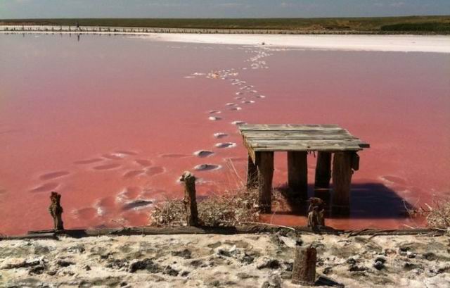 Білий пісок та сталагміти на березі рожевого озера